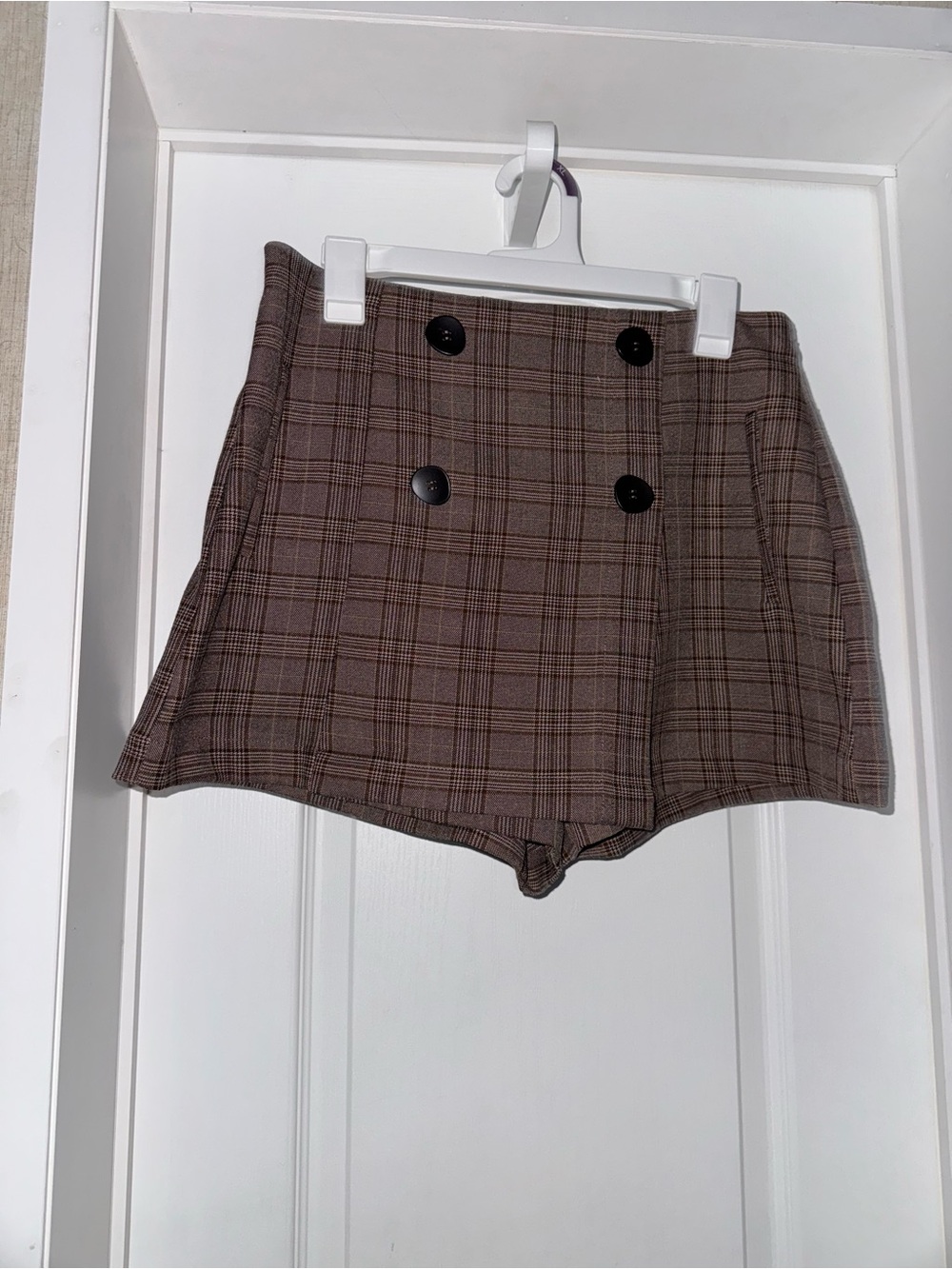Altar'd State Plaid Brown Double-Button Skort Shorts
